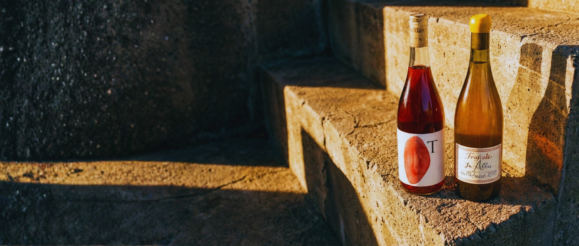 Two wine bottles on a stone ledge with a dark background