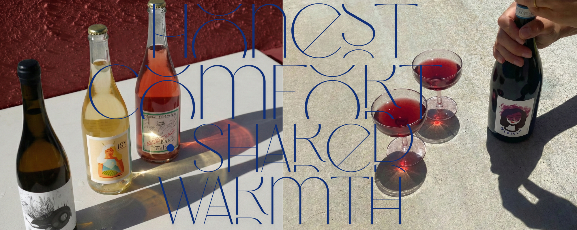 Wine bottles and glasses on a table with text overlay